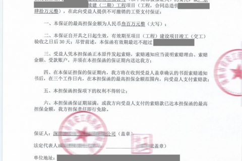 深圳光明新区工程建设领域工资保证金担保函标准格式