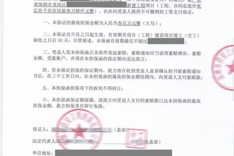 深圳市龙岗区工程建设领域工资保证金担保商业保函扫描件